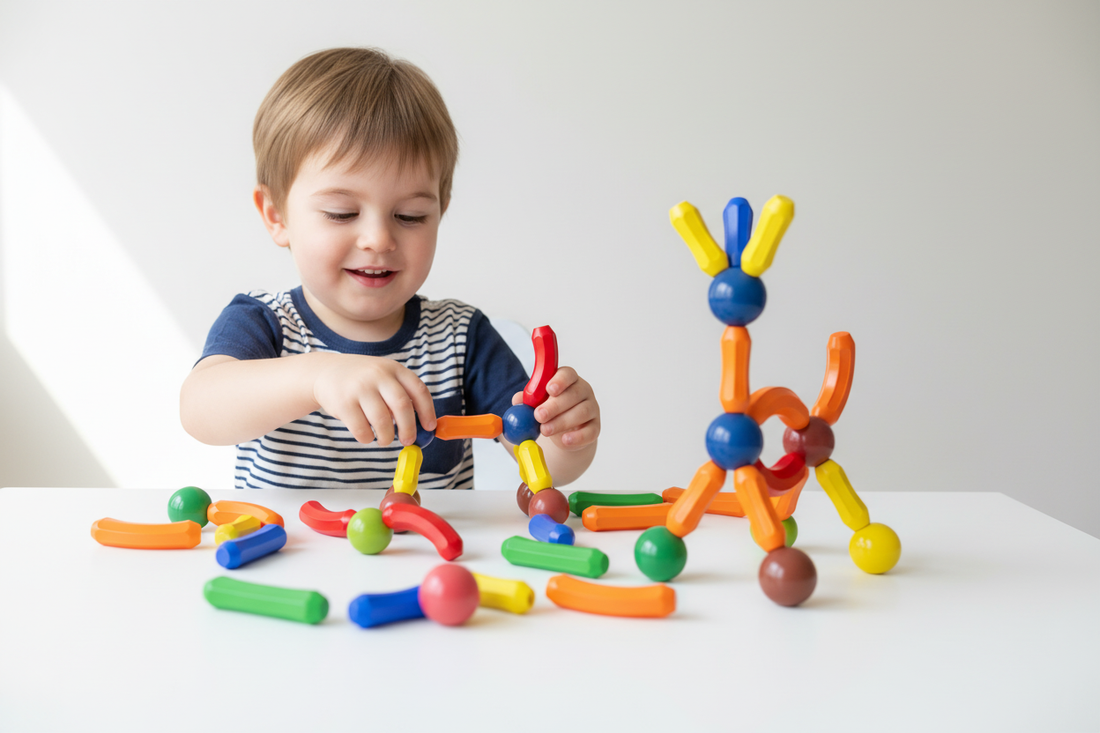 Child focused on building with 3D magnetic tiles – toys that channel restlessness – Go Baby Pakistan
