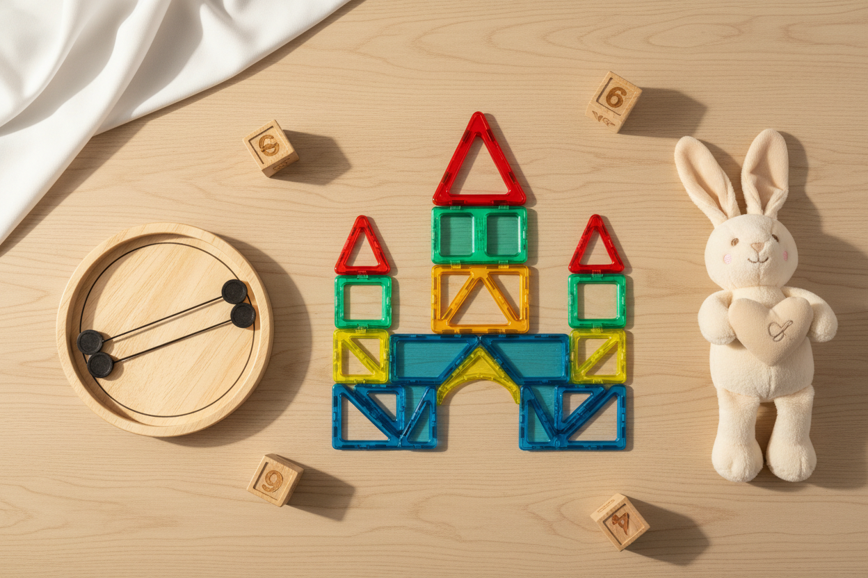 Flat lay of confidence-building toys for shy kids including magnetic tiles, board game, and plush toy — Go Baby