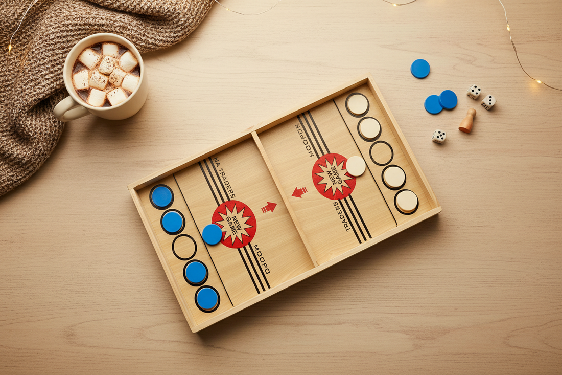 Wooden Sling Puck Board Game surrounded by cozy game night props on a wooden table