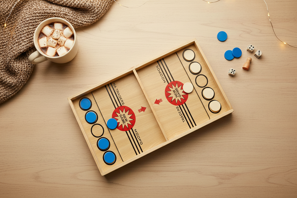 Wooden Sling Puck Board Game surrounded by cozy game night props on a wooden table