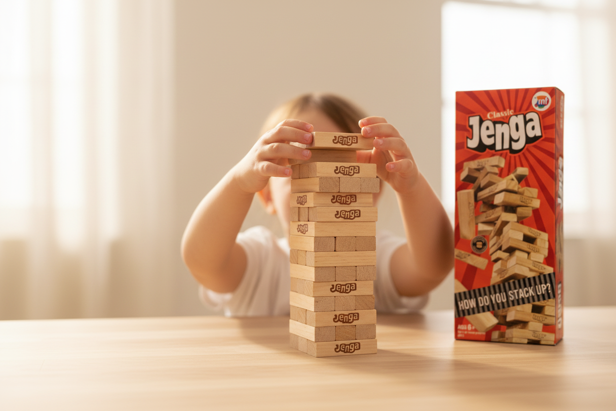 Child stacking wooden Jenga blocks to build hand-eye coordination, fine motor control, and steady hands