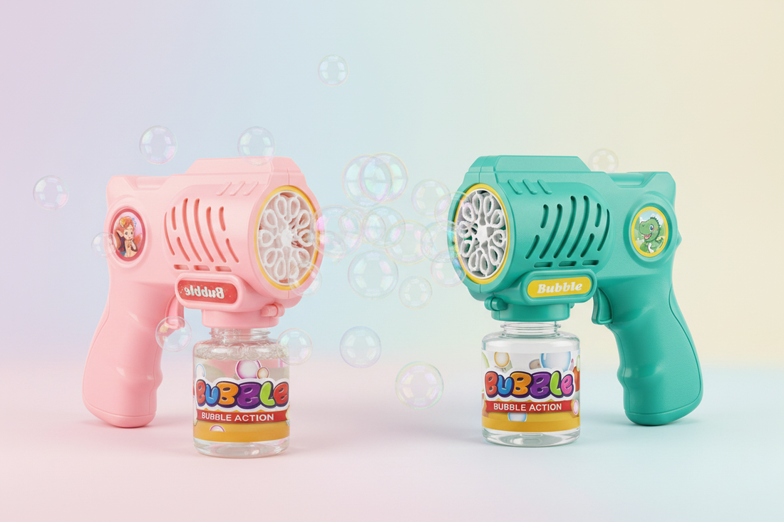 Go Baby pink and teal green 10-hole bubble guns with bubbles — kids bubble gun guide