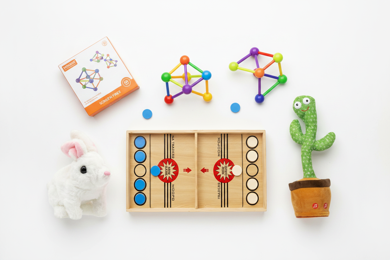 Flat lay of Go Baby screen-free kids toys including magnetic tiles, wooden sling puck game, plush rabbit, and dancing cactus on white background