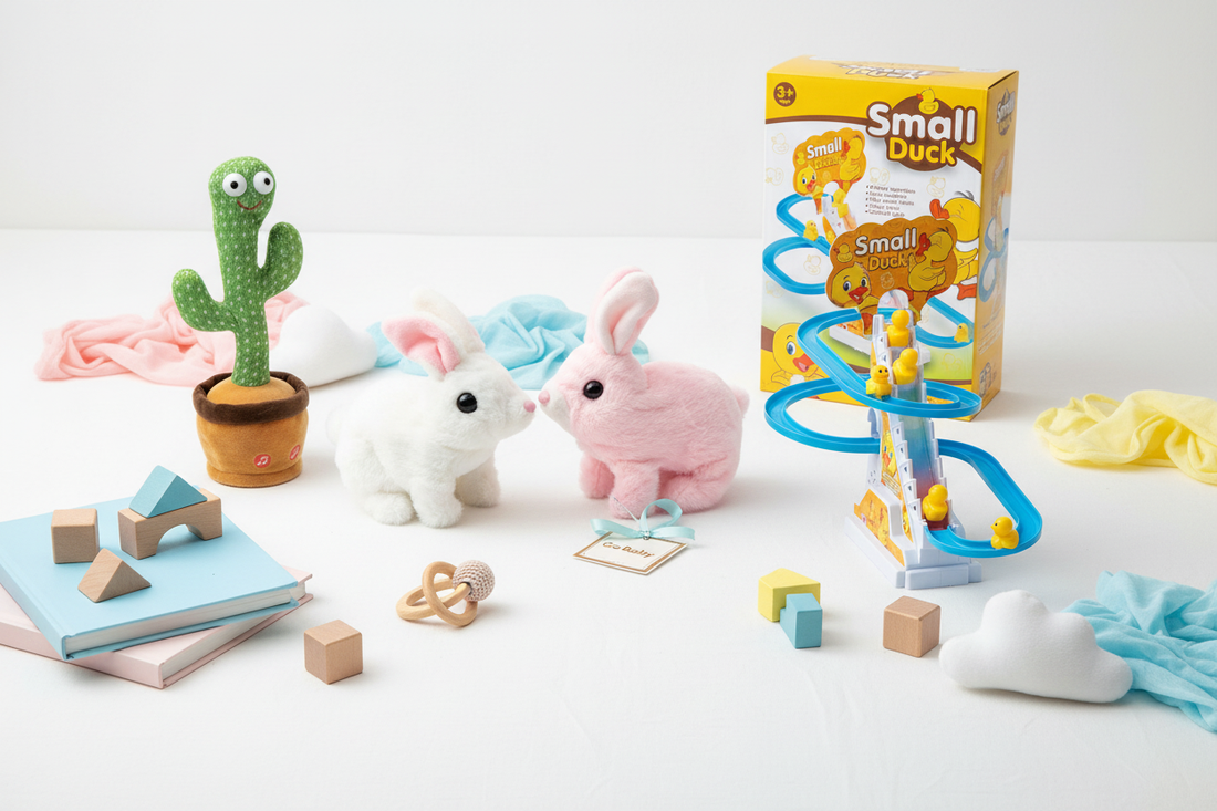 Curated flat lay of Go Baby educational toys including Plush Rabbit and Dancing Cactus Toy