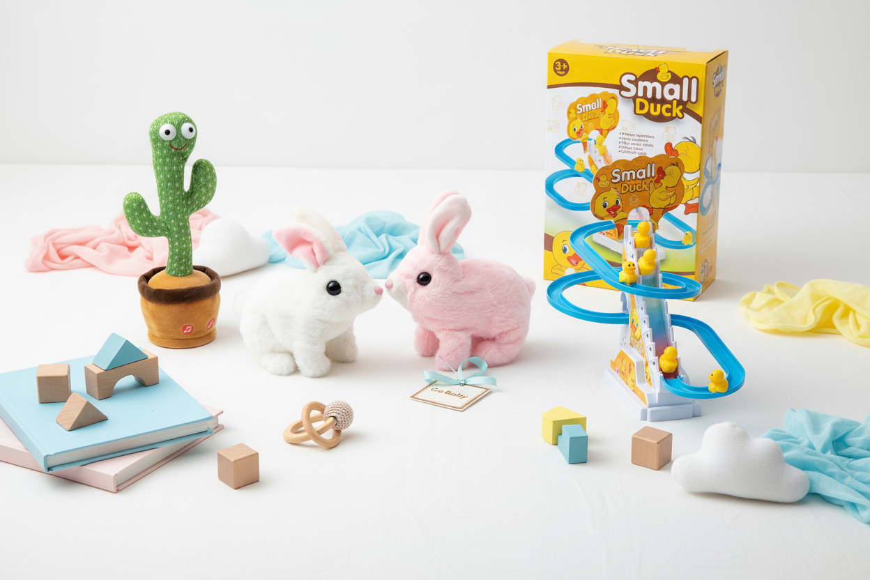 Curated flat lay of Go Baby educational toys including Plush Rabbit and Dancing Cactus Toy