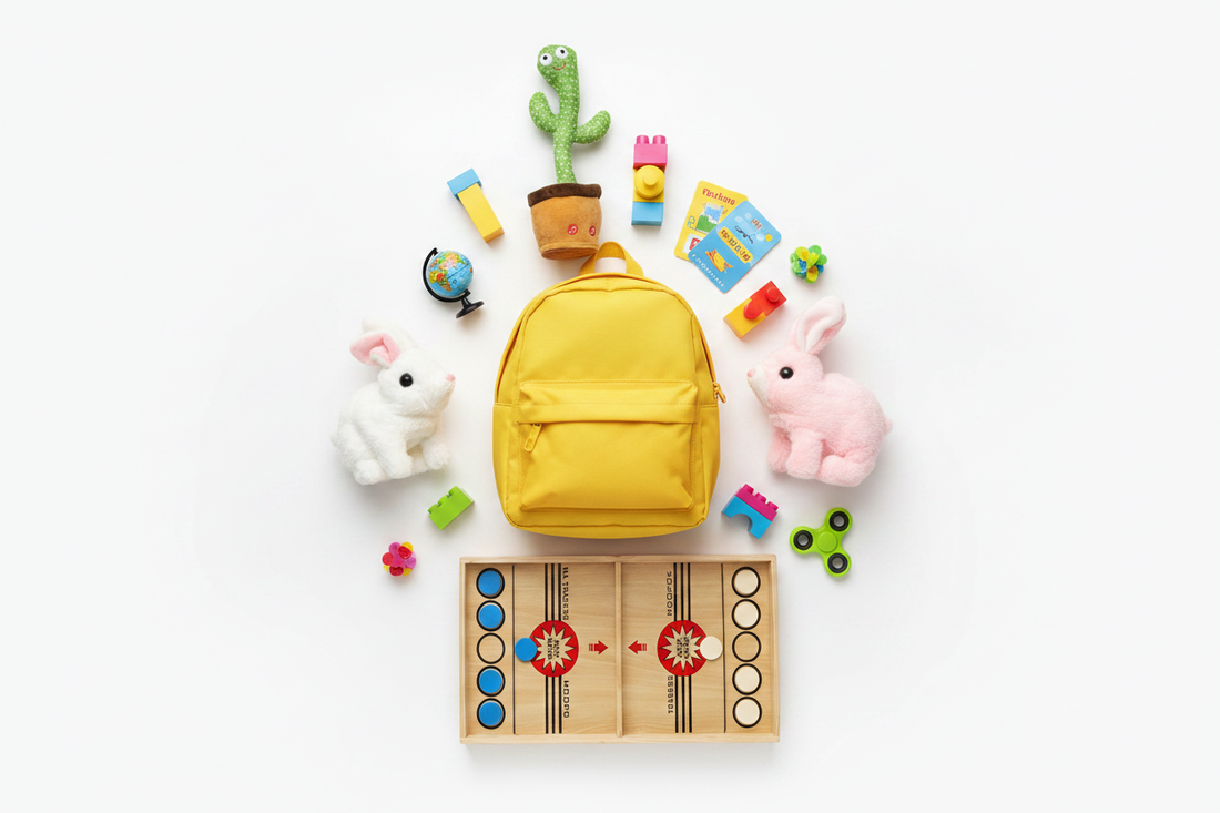 Flat lay of Go Baby travel toys including plush rabbit, wooden board game, and dancing cactus toy