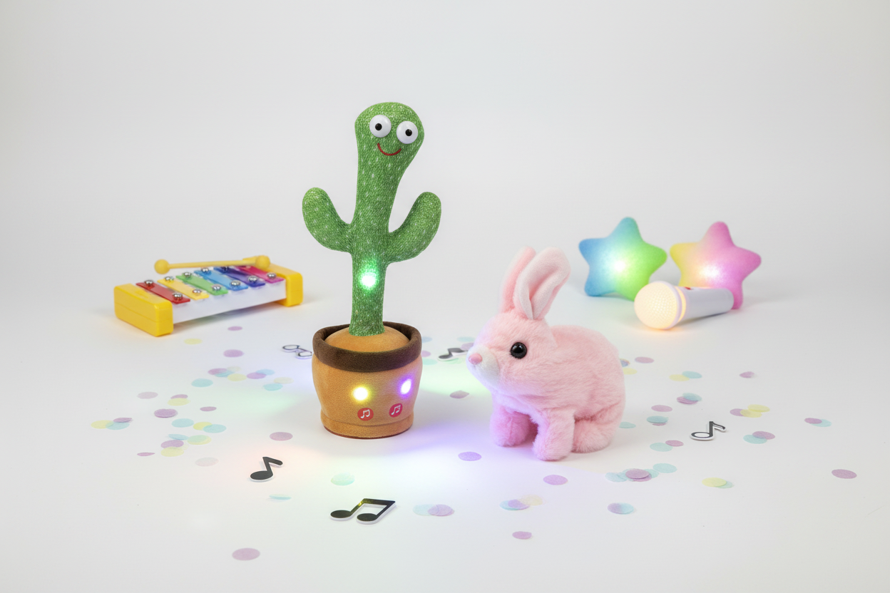 Flat lay of colorful musical light-up toys for kids including Dancing Cactus and Plush Rabbit on white background