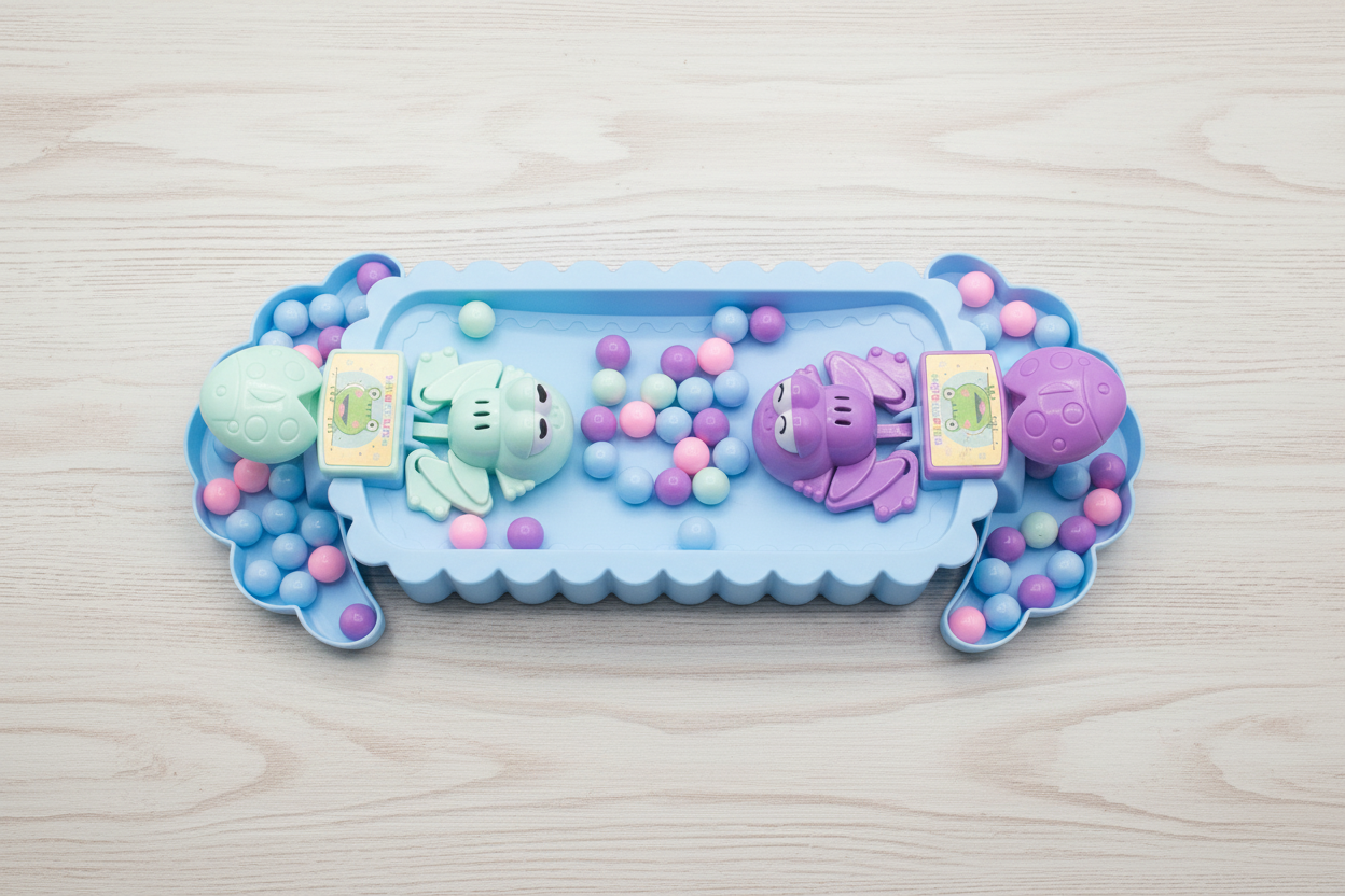 Overhead view of Frogs Subsonic Tabletop Game board with colorful pastel balls and frog launchers on a wooden table