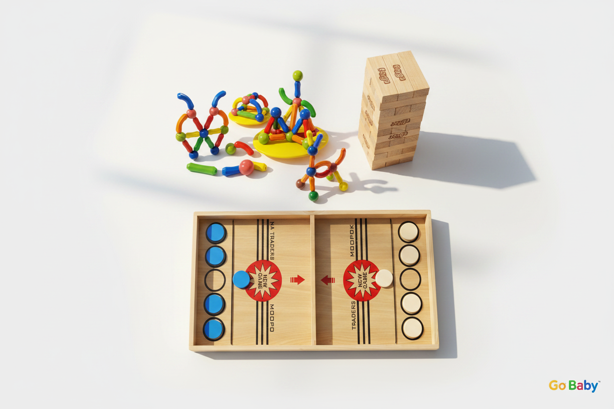 Go Baby educational toys for kids including Magnetic Construction Set, Jenga, and Wooden Sling Puck Board Game on a white surface