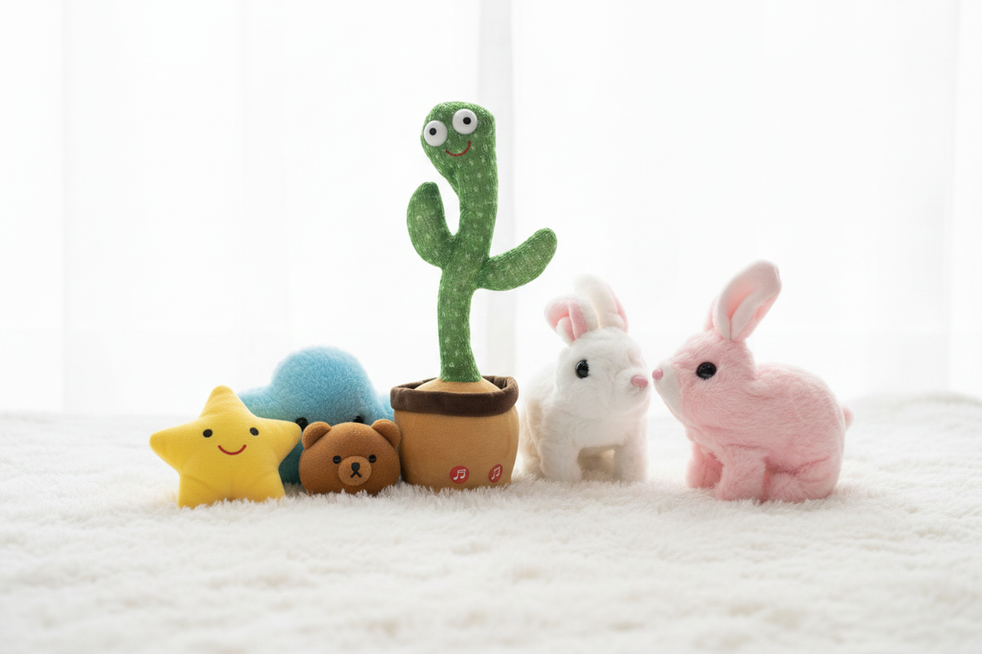 A collection of GoBaby soft plush toys including cactus and rabbit arranged on a white blanket