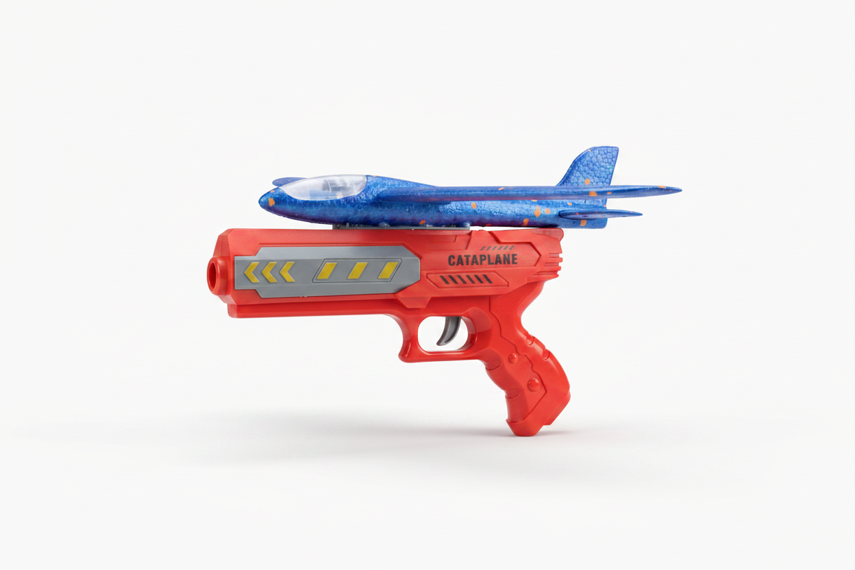 GoBaby 2-in-1 Catapult Aircraft Gun Toy with blue foam glider loaded on red launcher