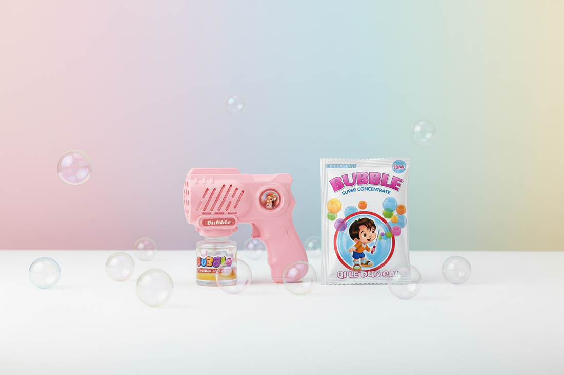 Go Baby Pink Bubble Gun and Refill Gel Pack 15ml styled with colorful bubbles on a white background