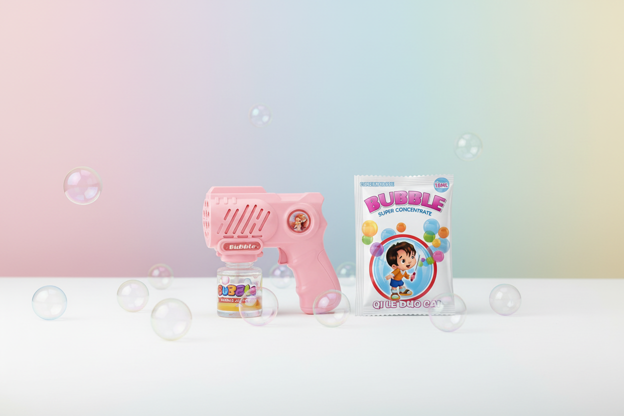 Go Baby Pink Bubble Gun and Refill Gel Pack 15ml styled with colorful bubbles on a white background