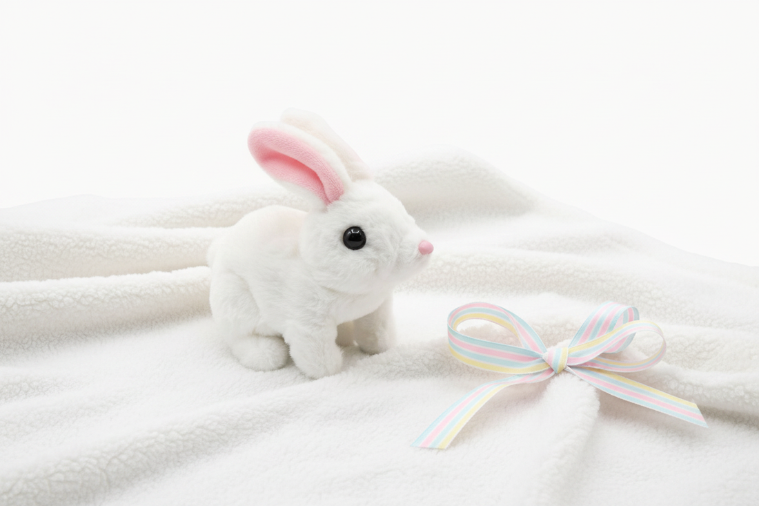 Go Baby Plush Rabbit Jumping Toy presented as a gift on a soft white blanket with a pastel ribbon