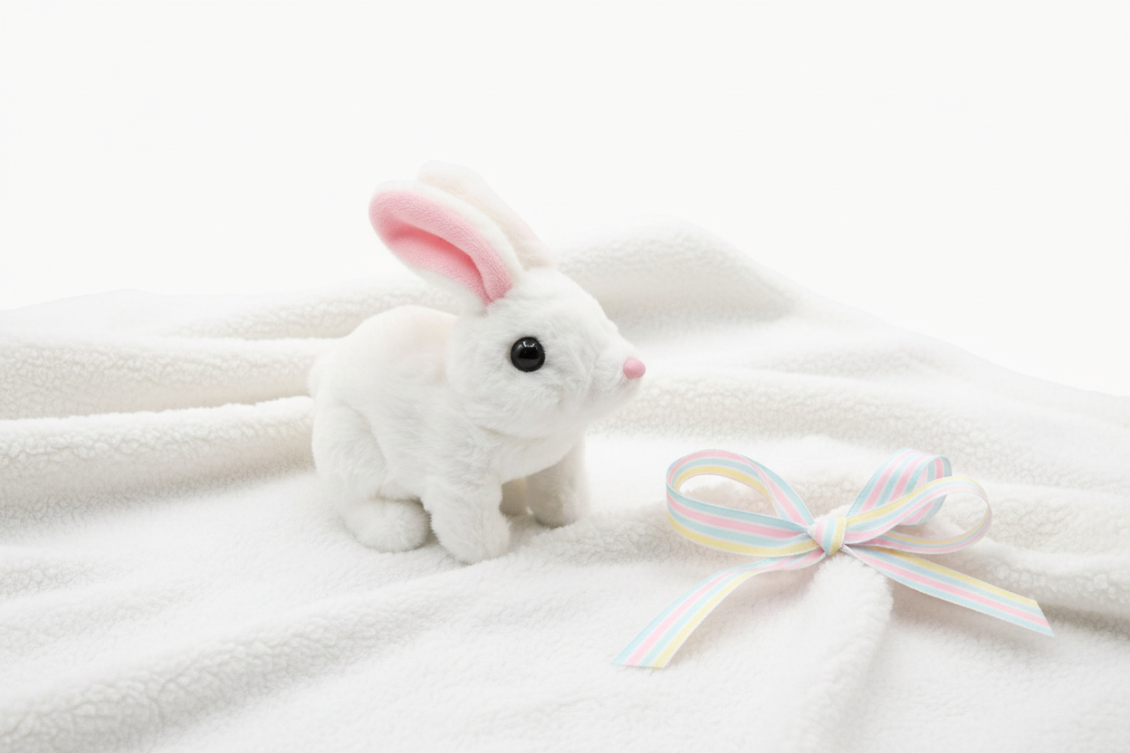 Go Baby Plush Rabbit Jumping Toy presented as a gift on a soft white blanket with a pastel ribbon