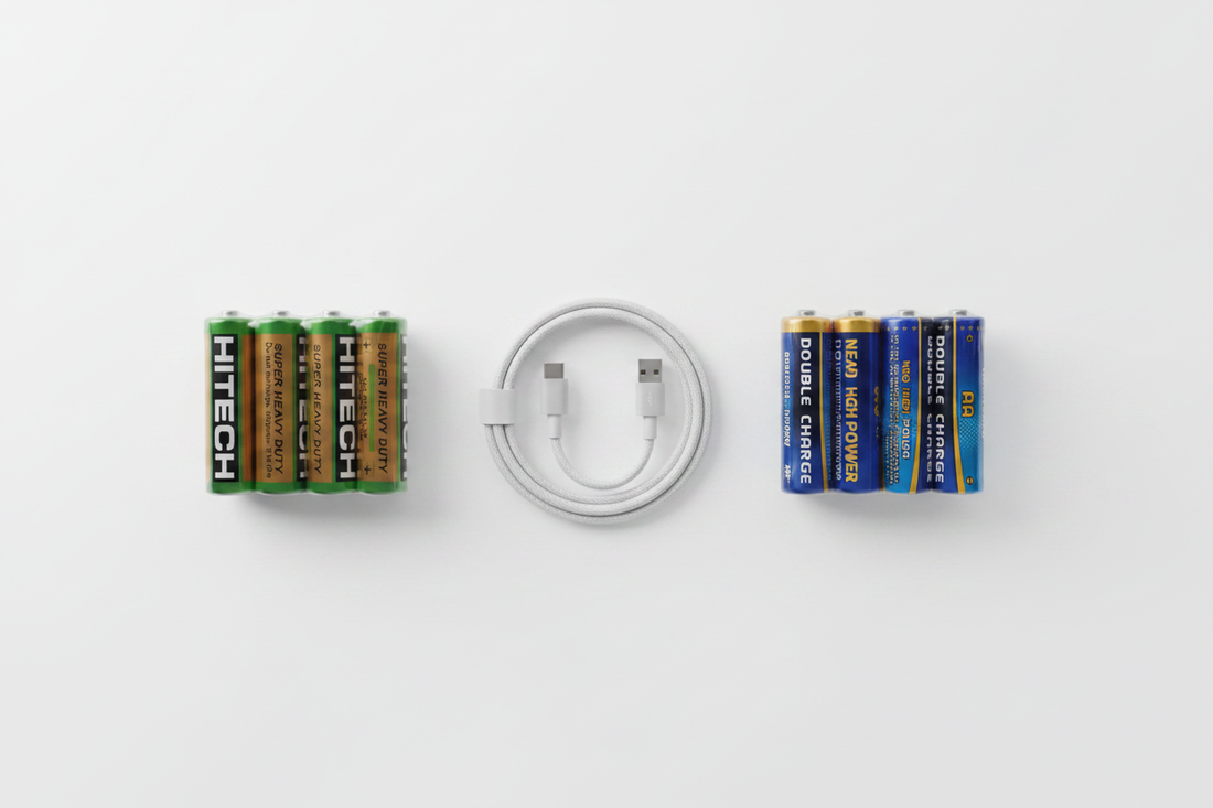 HiTech and Double Charge AA battery packs with USB charging cable on white surface — rechargeable vs disposable battery toys comparison