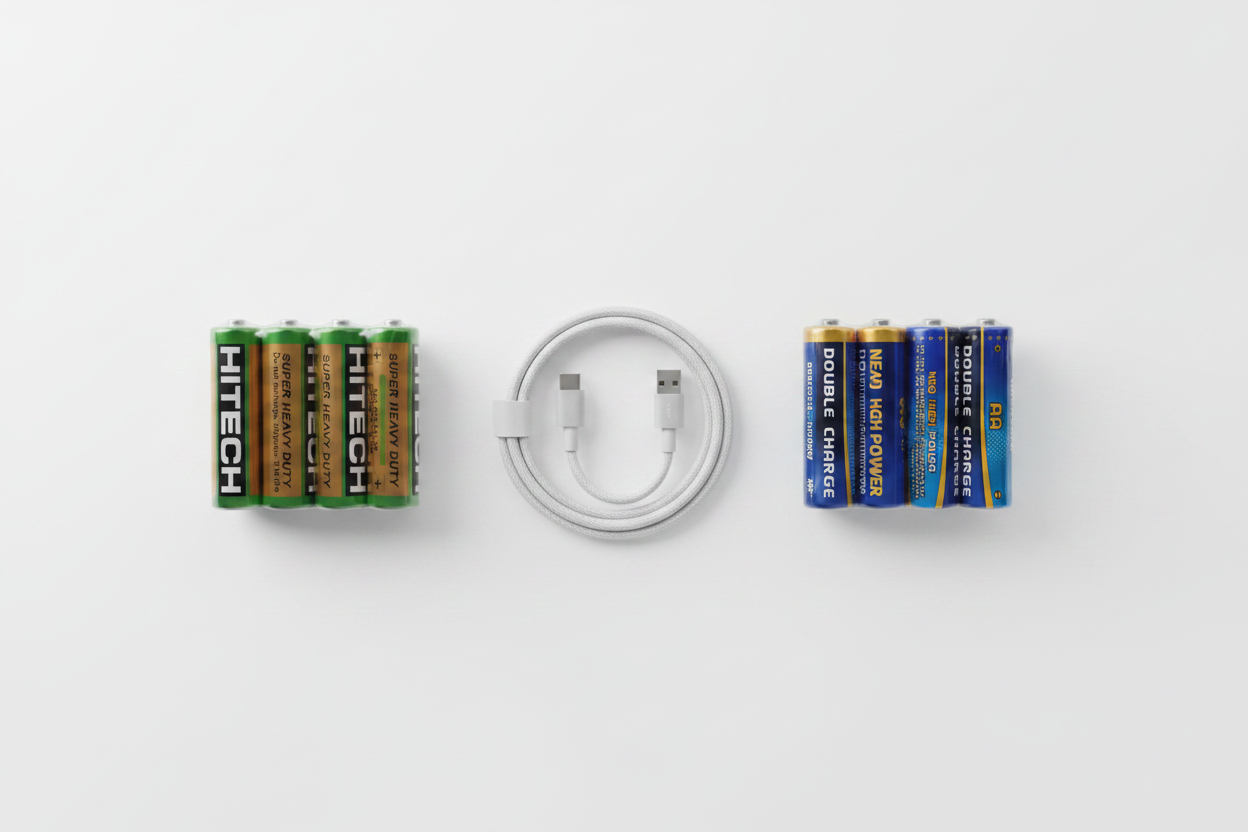HiTech and Double Charge AA battery packs with USB charging cable on white surface — rechargeable vs disposable battery toys comparison