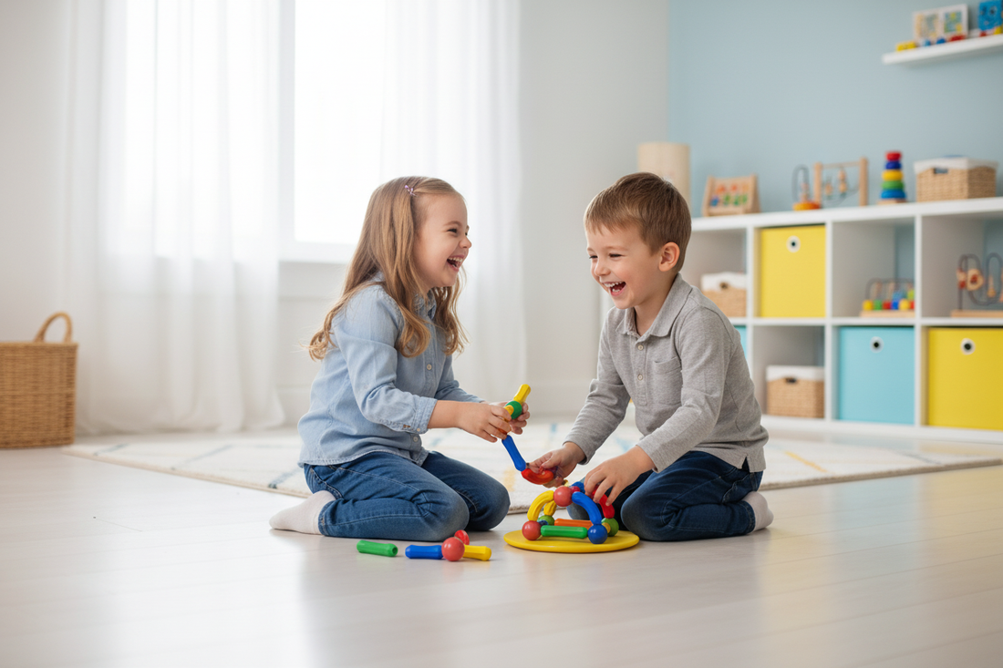 Two siblings laughing and building together with a colorful magnetic construction set