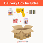 Delivery Box Includes graphic showing a cardboard box with bubble toys and accessories above it: a bubble bottle labeled Bubble Blast, a yellow bubble gun, four batteries, two round bubble stickers, and a Bubble Bites candy packet. Orange header text reads 'Delivery Box Includes' and GoBaby.