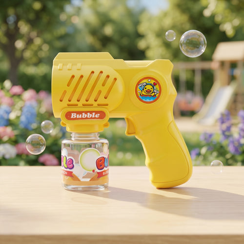 10 Holes Yellow Bubble Gun with a clear bottle of bubble solution sits on a wooden table outdoors, with bubbles floating around it and a blurred garden background.