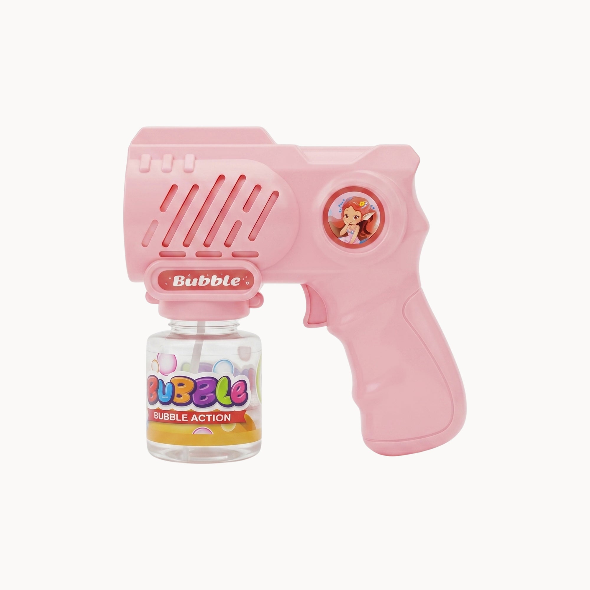 10 Holes Pink Bubble Gun with a bottle labeled 'Bubble Action' on a white background