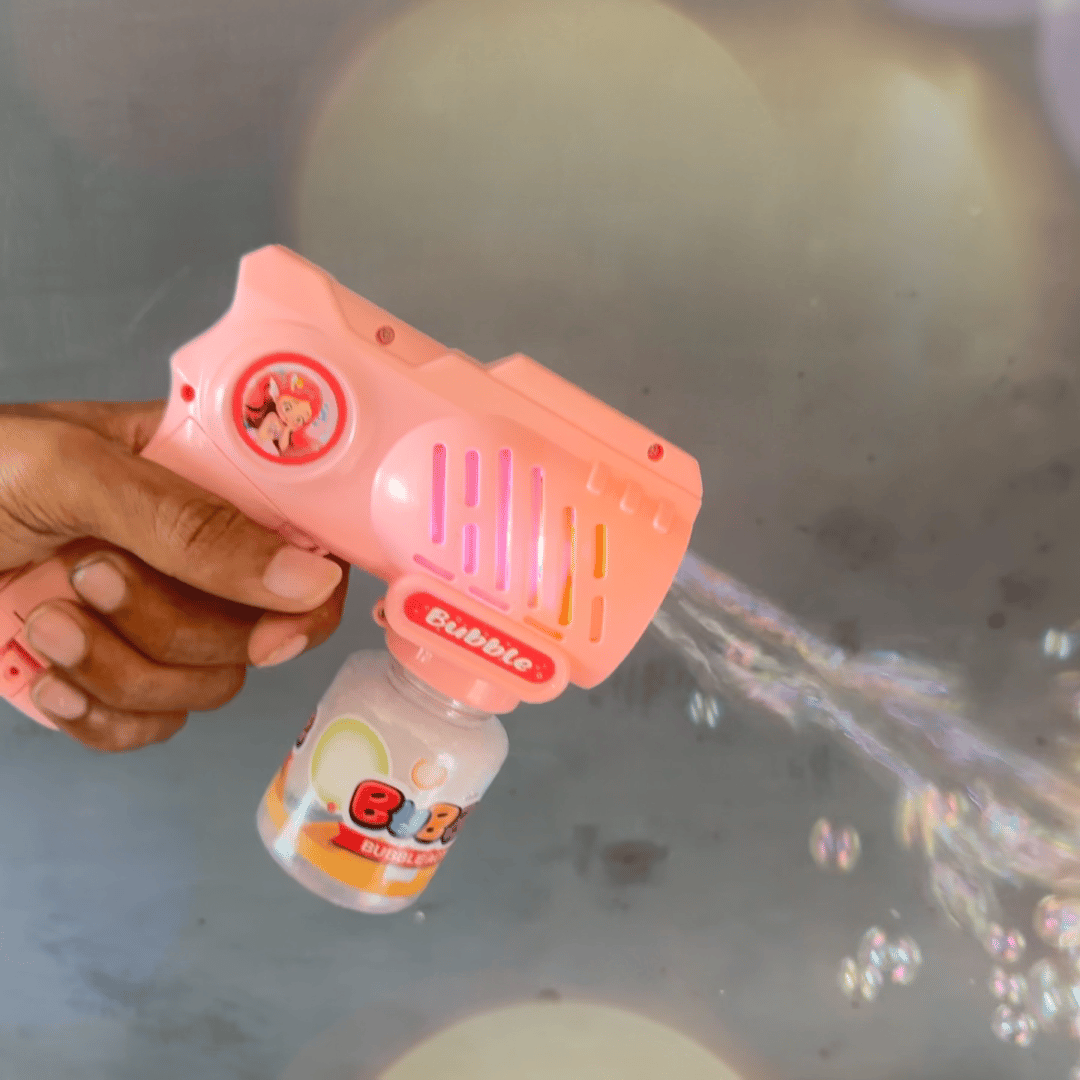 10 Holes Pink Bubble Gun Toy with bubble solution bottle, creating streams of bubbles for kids outdoor fun.