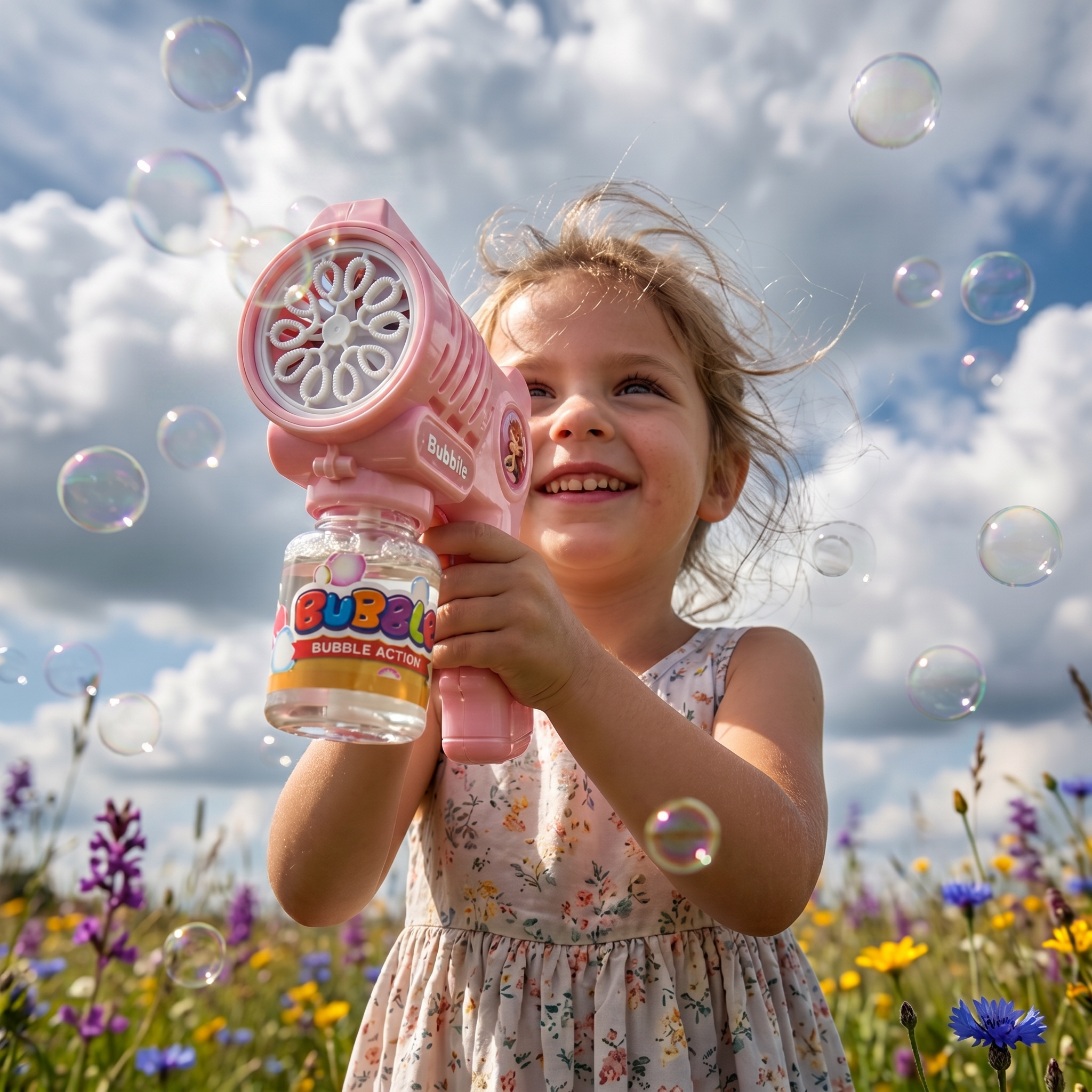 Child holding a 10 Holes Pink Bubble Gun in a field with bubbles floating around