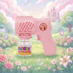 10 Holes Pink Bubble Gun with a castle and flowers in the background