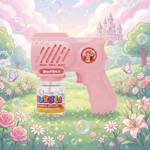 10 Holes Pink Bubble Gun with a castle and flowers in the background