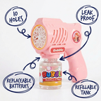 10 Holes Pink Bubble Gun with bottle of bubbles, labeled features on a white background