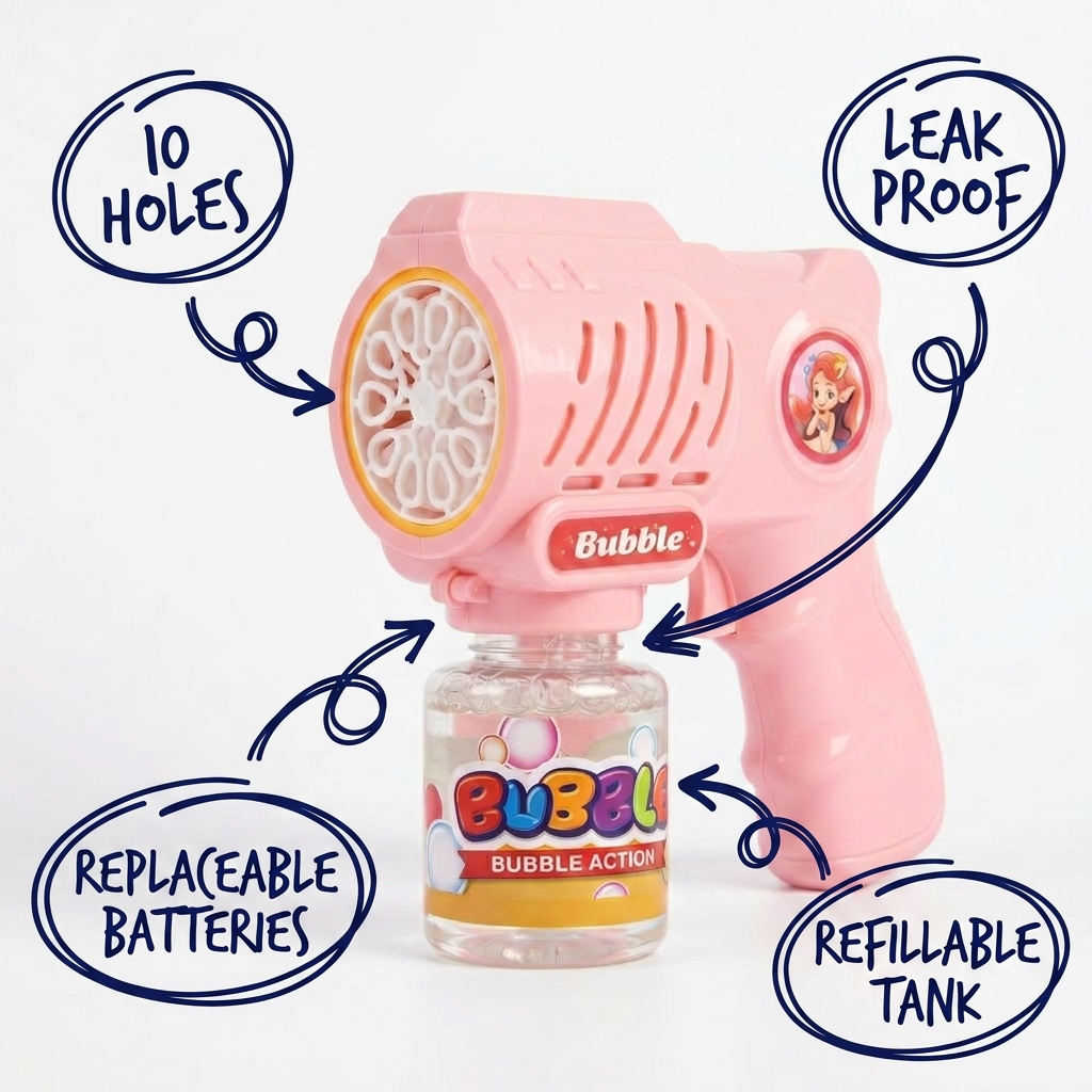 10 Holes Pink Bubble Gun with bottle of bubbles, labeled features on a white background