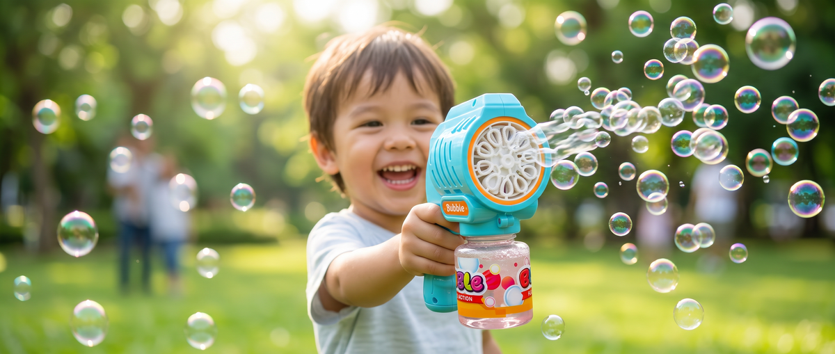 A young child smiling and holding a 10 Holes Sky Blue Bubble Gun machine that is spraying bubbles in an outdoor park setting.