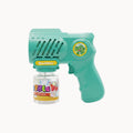 10 Holes Teal Green Bubble Gun with a bottle of bubble solution on a white background