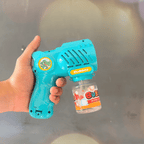 10 Holes Teal Green Bubble Gun Toy with attached bubble solution bottle, held in hand for kids outdoor play.