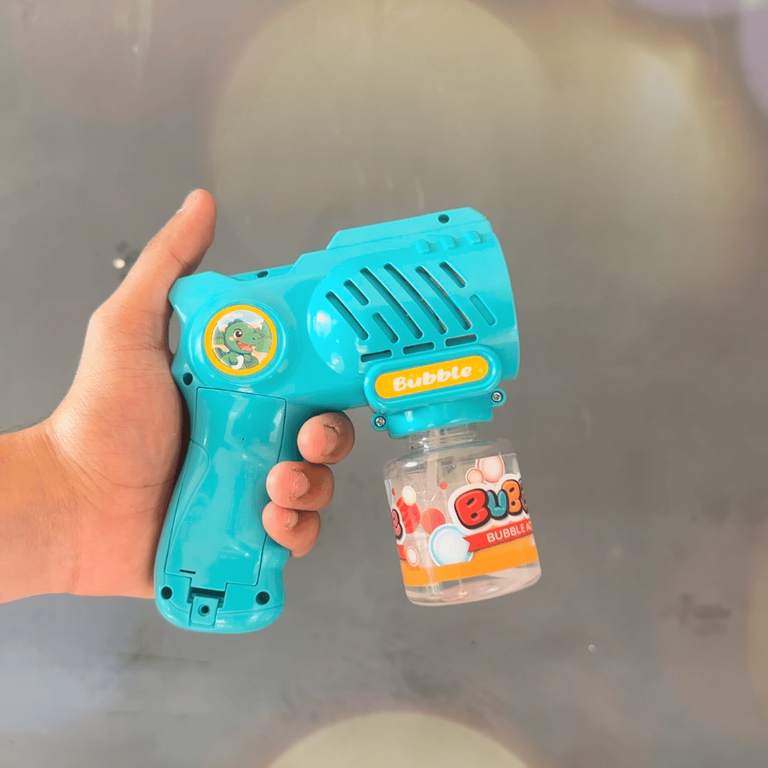 10 Holes Teal Green Bubble Gun Toy with attached bubble solution bottle, held in hand for kids outdoor play.