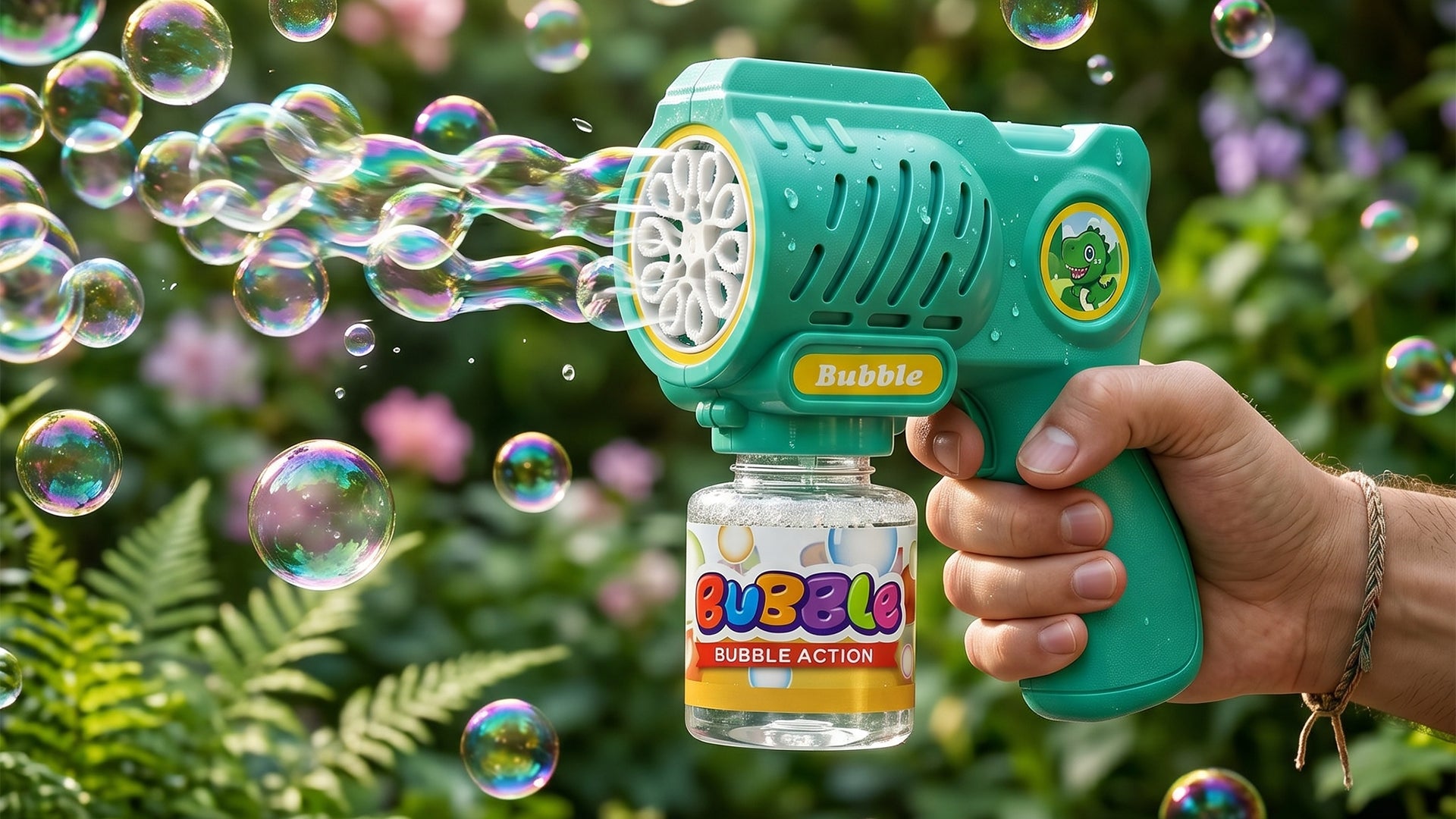 10 Holes Teal Green Bubble Gun being used to blow bubbles against a green outdoor background
