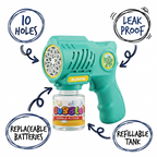 10 Holes Teal Green Bubble Gun with features highlighted on a white background
