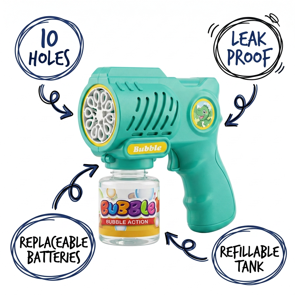 10 Holes Teal Green Bubble Gun with features highlighted on a white background