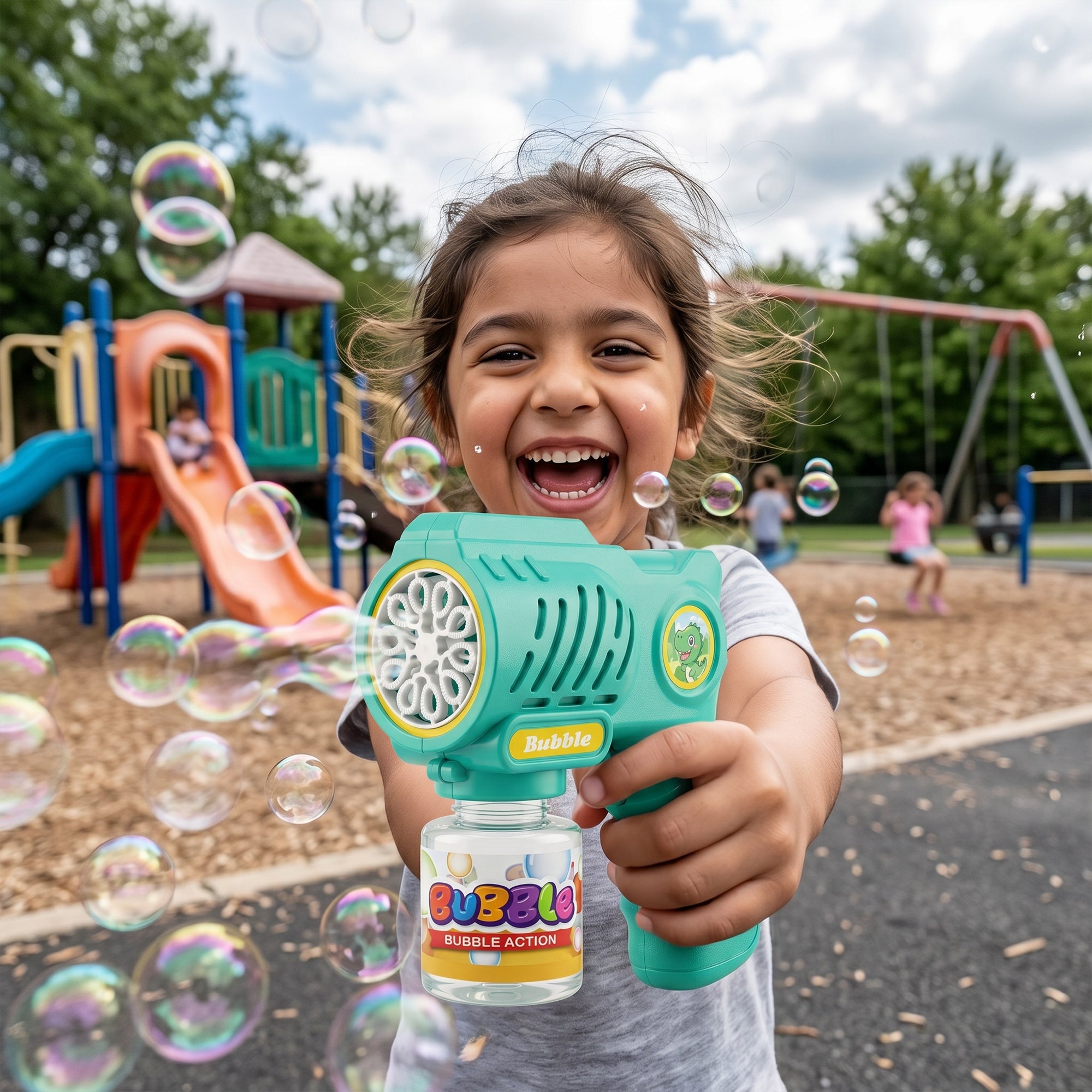 Child holding a 10 Holes Teal Green Bubble Gun with bubbles in a playground setting