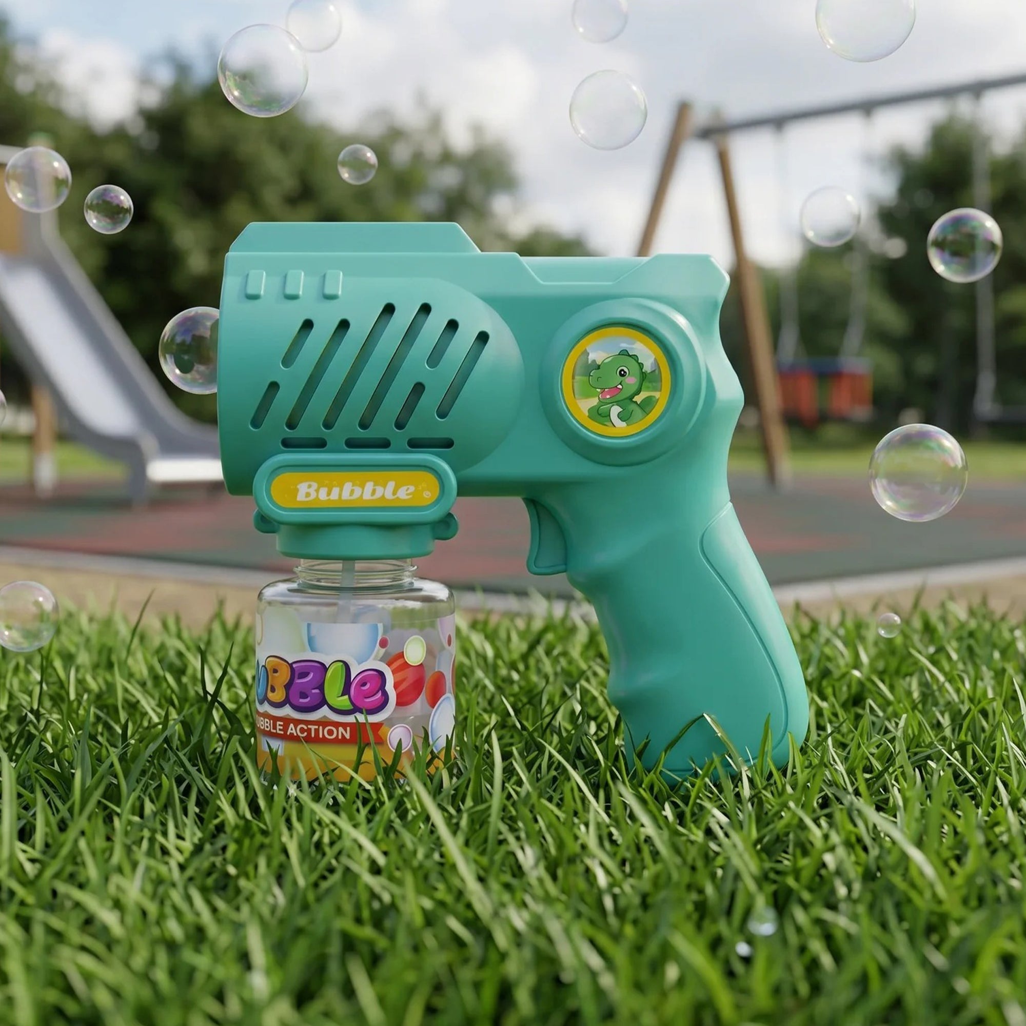 10 Holes Teal Green Bubble Gun with bubbles in a playground setting
