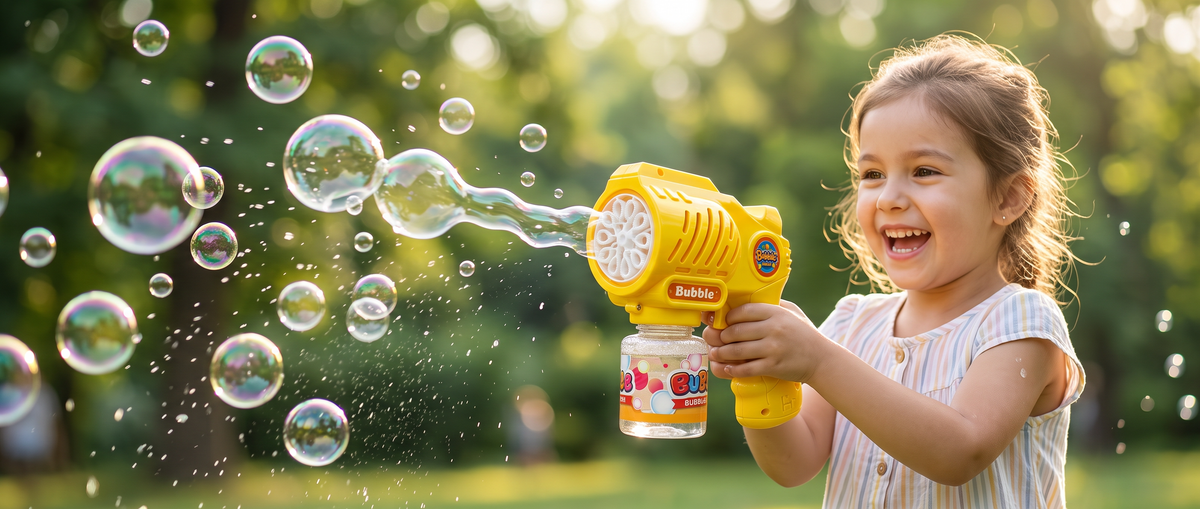 A young girl smiling and laughing while holding a 10 Holes Yellow Bubble Gun outdoors, with bubbles flying around her in a sunlit park setting.