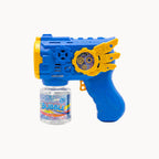 12 Holes Blue Bubble Gun with a clear bottle labeled 'Bubble' on a white background