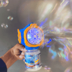 12 Holes Blue Bubble Gun Toy with bright LED lights and bubble solution bottle, creating colorful streams of bubbles for fun outdoor play.