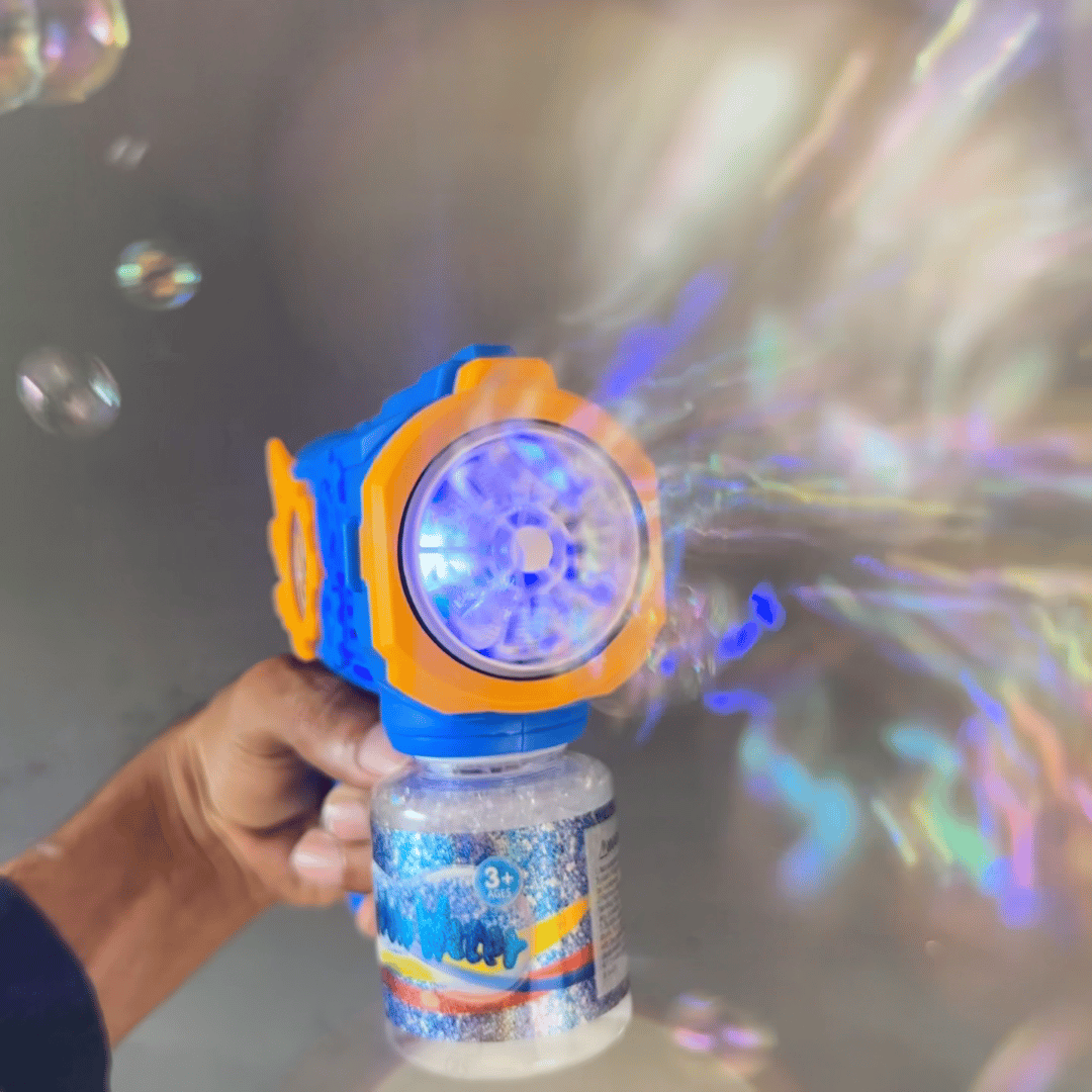 12 Holes Blue Bubble Gun Toy with bright LED lights and bubble solution bottle, creating colorful streams of bubbles for fun outdoor play.