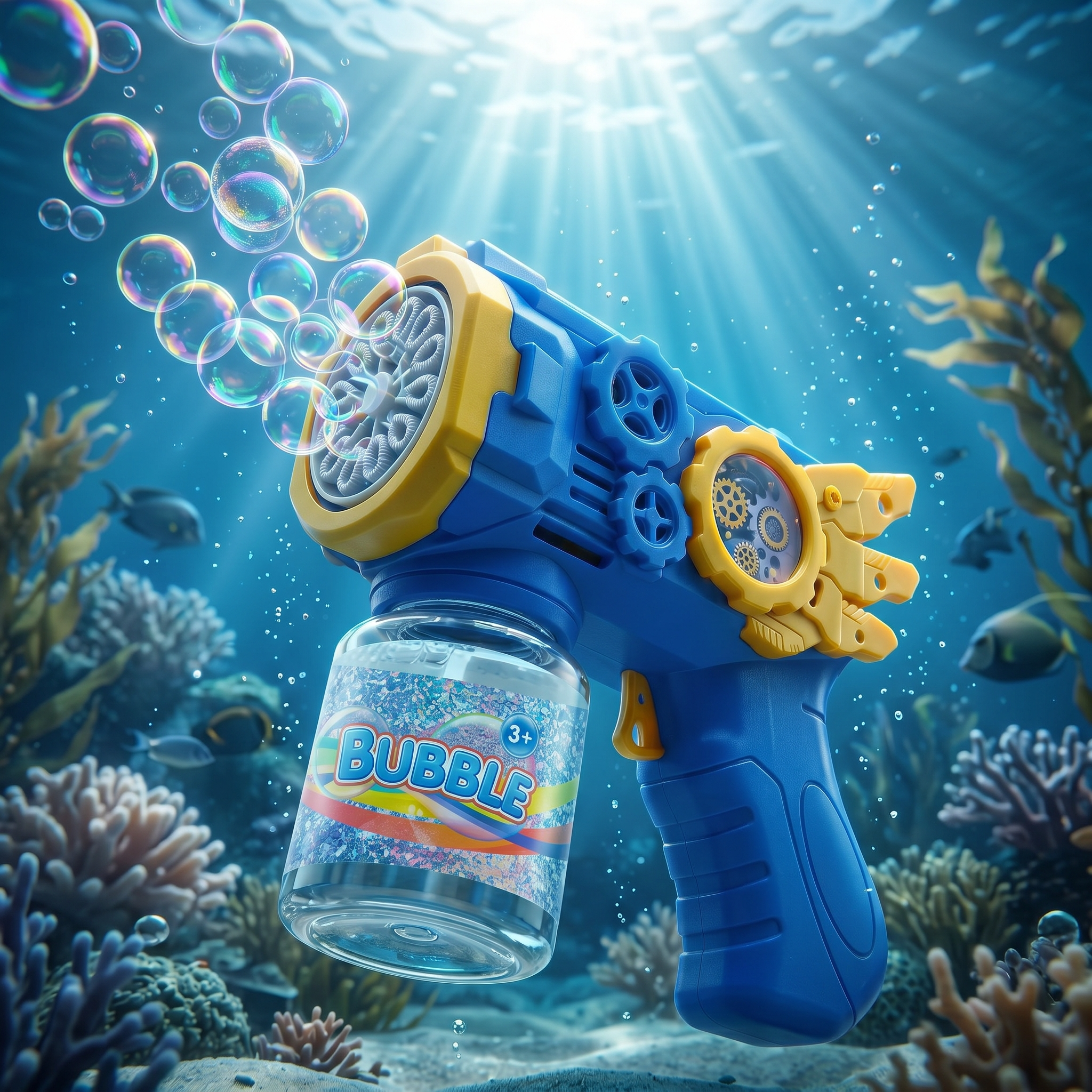 12 Holes Blue Bubble Gun underwater with bubbles and sunlight