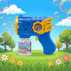 12 Holes Blue Bubble Gun with bubble solution on a colorful outdoor background.