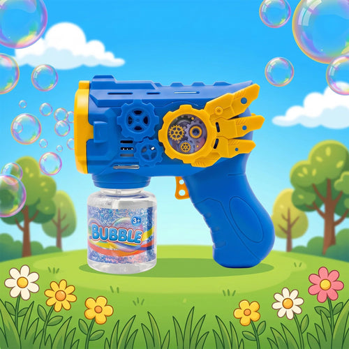 12 Holes Blue Bubble Gun with bubble solution on a colorful outdoor background.