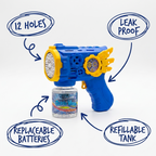 12 Holes Blue Bubble Gun with text highlighting features on a white background