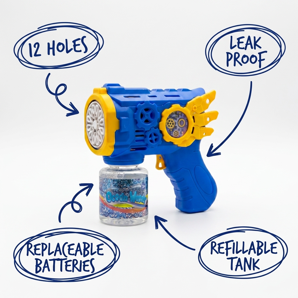 12 Holes Blue Bubble Gun with text highlighting features on a white background
