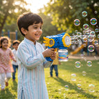 Child playing with a 12 Holes Blue Bubble Gun in a park